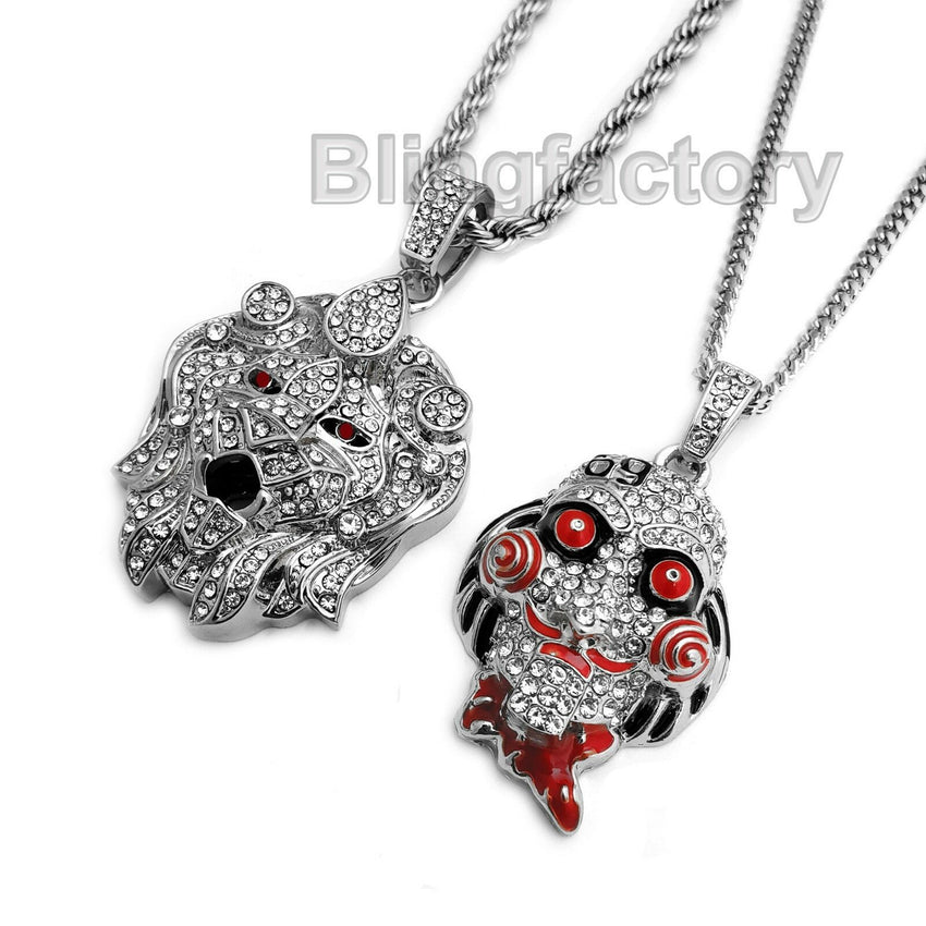 Iced out Saw Inspired & Lion Head Pendant & 24" 30" Rope, Cuban Chain Necklace