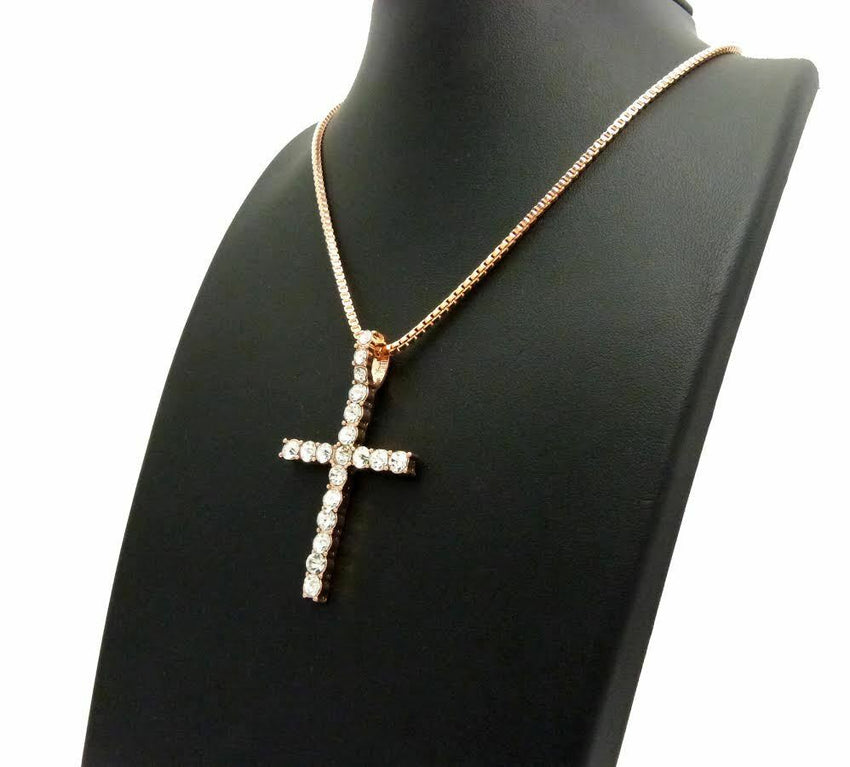 NEW ICED OUT ROSE GOLD PLATED CZ CROSS PENDANT & 24" BOX CHAIN NECKLACE