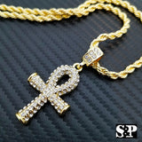 Hip Hop Iced Out Gold Plated Ankh Cross Pendant w/ 4mm 24" Rope Chain Necklace