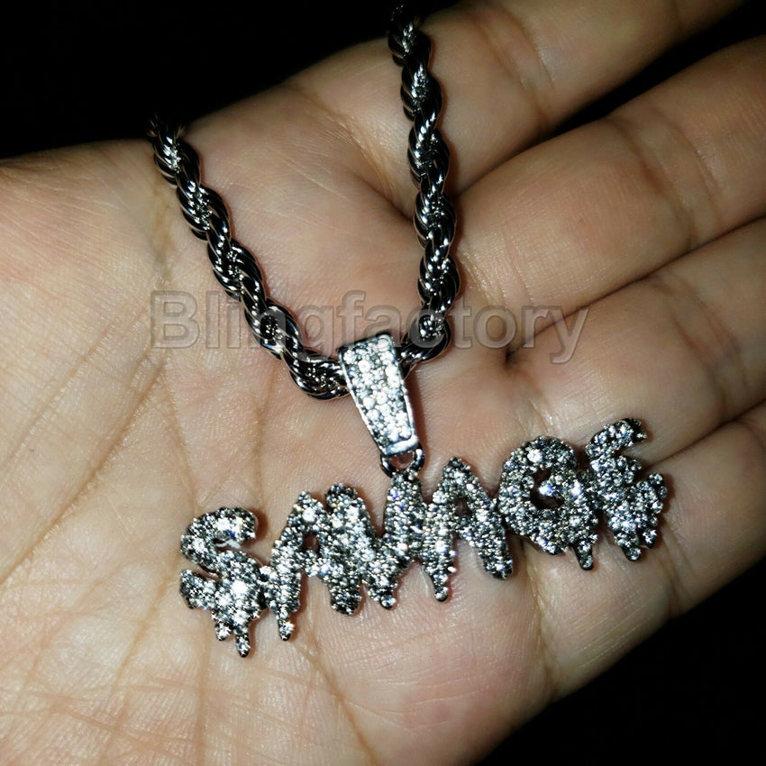 Iced out Hip Hop Lab Diamond Drip SAVAGE Pendant & 4mm 24" Rope Chain Necklace