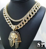 Hip Hop Pharaoh Pendant w/ 16" Full Iced Cuban & 1 ROW DIAMOND Choker Chain Set