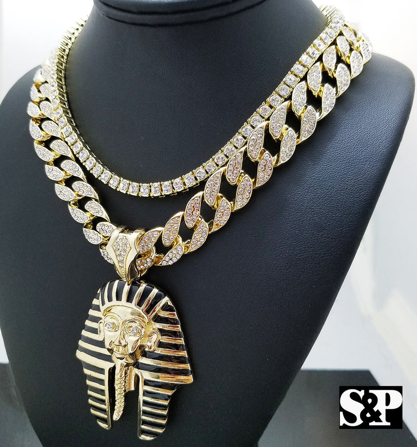 Hip Hop Pharaoh Pendant w/ 16" Full Iced Cuban & 1 ROW DIAMOND Choker Chain Set