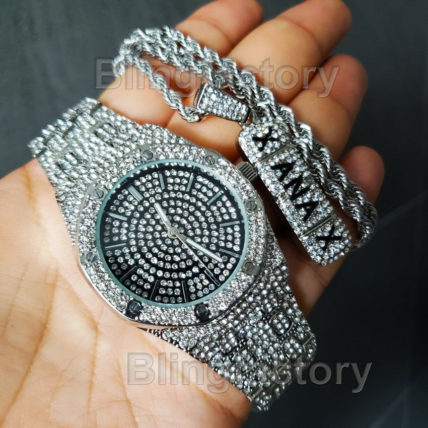 LUXURY ICED OUT WHITE GOLD PLATED LAB DIAMOND WATCH & XANAX NECKLACE COMBO SET