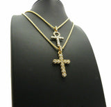 Hip Hop Micro Pave Cross, Ankh Pendant w/ 20", 24" Rope Chain 2 Necklace Set