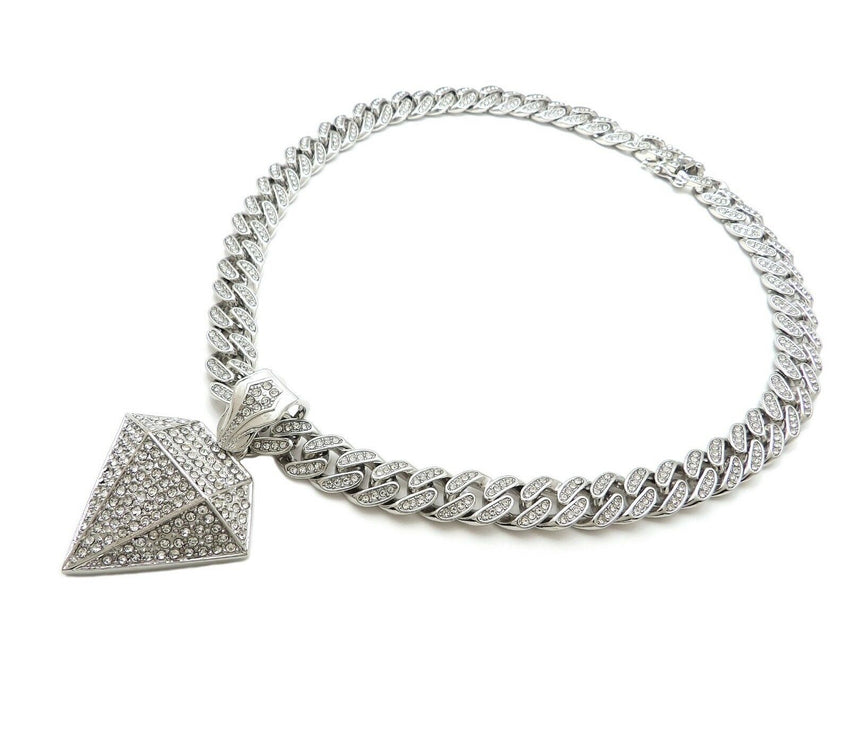 Hip Hop Diamond Shape Pendant & 18" Iced Box Lock Miami Cuban Chain Necklace