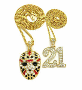 ICED OUT SAVAGE 21 & SLAUGHTER GANG MASK PENDANT & CHAINS 2 NECKLACE COMBO SET