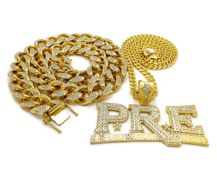 Hip Hop Iced Young Dolph PRE Necklace & 18" Full Iced Cuban Choker Chain Necklace Set