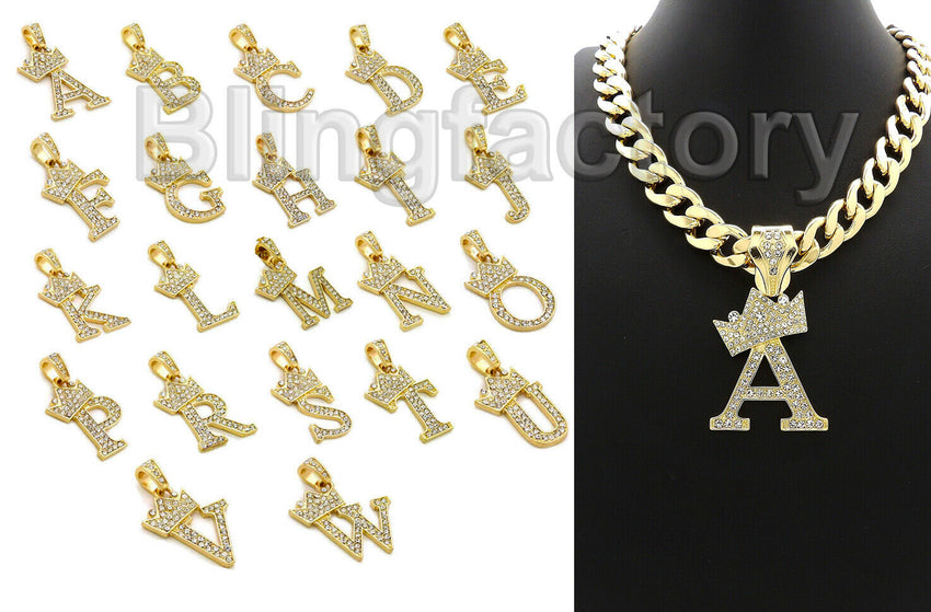 Hip Hop Crowned Alphabet Initial Pendant & 11mm 20" Cuban Choker Chain Necklace
