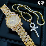 Men's Hip Hop Iced Out Lab Diamond Watch & Ankh pendant 1 Row Tennis Chain Set