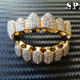 Gold Plated BRASS Hip Hop Iced Two Tone Teeth Grillz Fang Top & Bottom Set