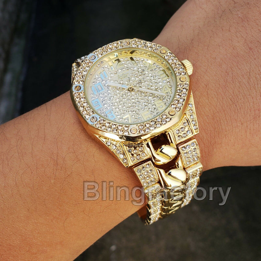 Men's Gold Plated Iced out Luxury Migos Rapper's Metal Band Dress Clubbing Watch