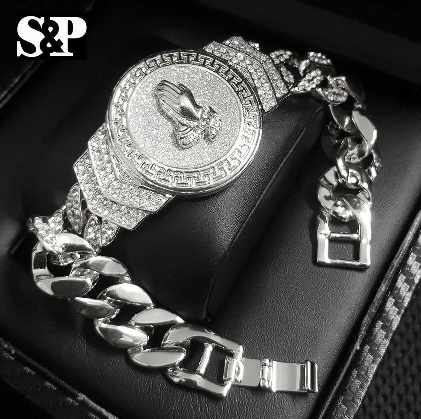 Hip Hop White Gold Plated 8.5" CZ Full Iced Out Praying Hands Cuban Bracelet