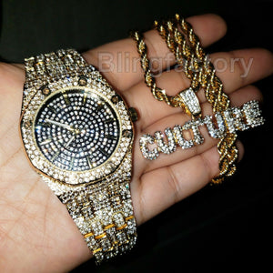 LUXURY MIGOS ICED OUT GOLD PLATED LAB DIAMOND WATCH & CULTURE NECKLACE SET