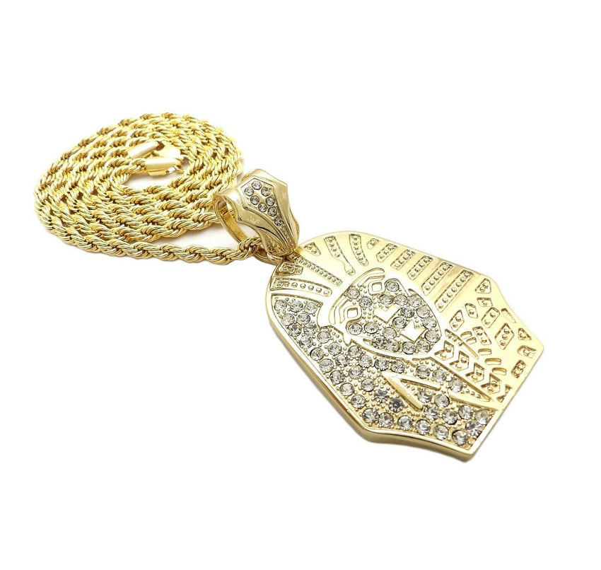 HIP HOP ICED OUT GOLD PT EGYPTIAN PHARAOH PENDANT & 4mm 24" ROPE CHAIN NECKLACE