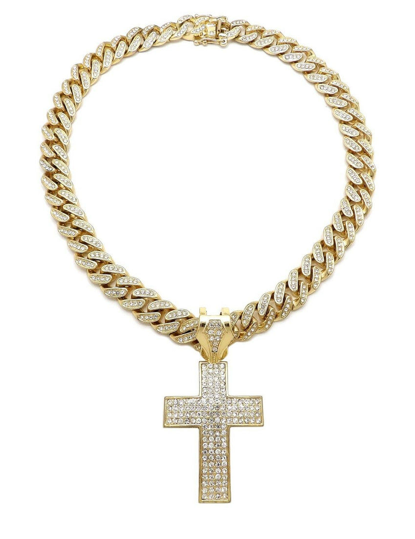 Hip Hop Cross Pendant & 12mm 18" Iced out Box Lock Cuban Choker Chain Necklace