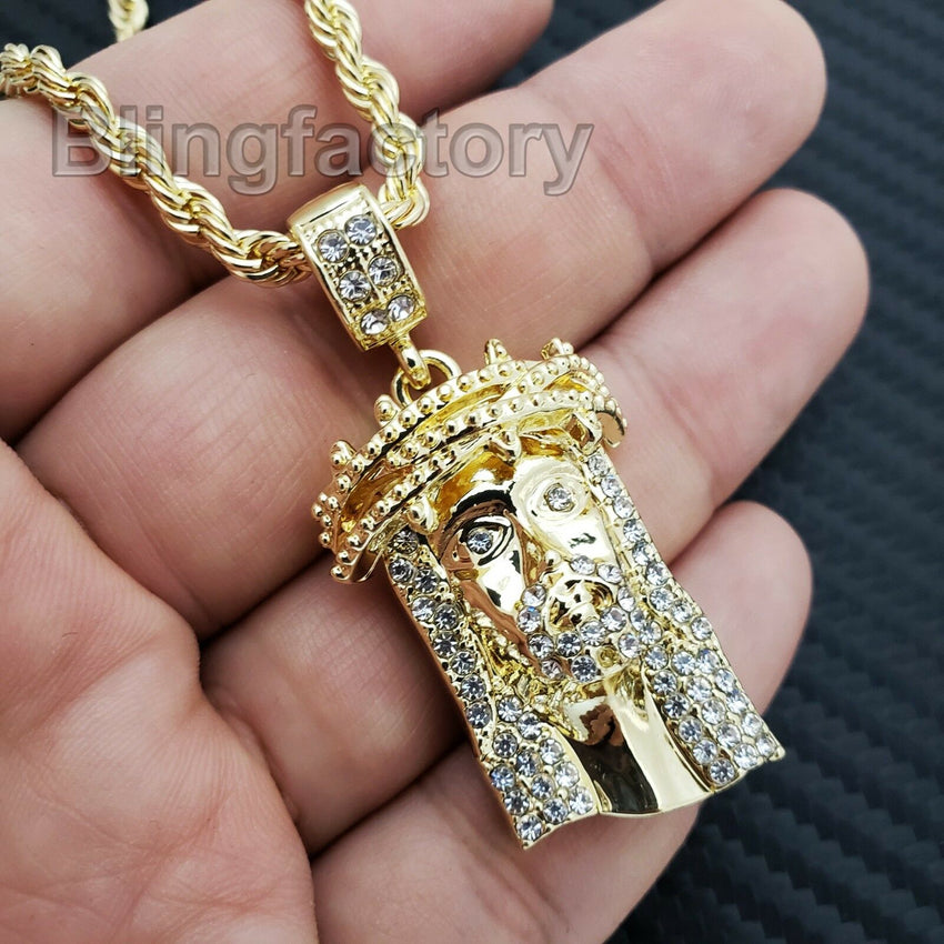 Hip Hop Iced out Lab Diamond Jesus Head Pendant & 4mm 24" Rope Chain Necklace