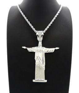 Hip Hop Iced Out Silver PT Jesus Body Pendant & 4mm 24