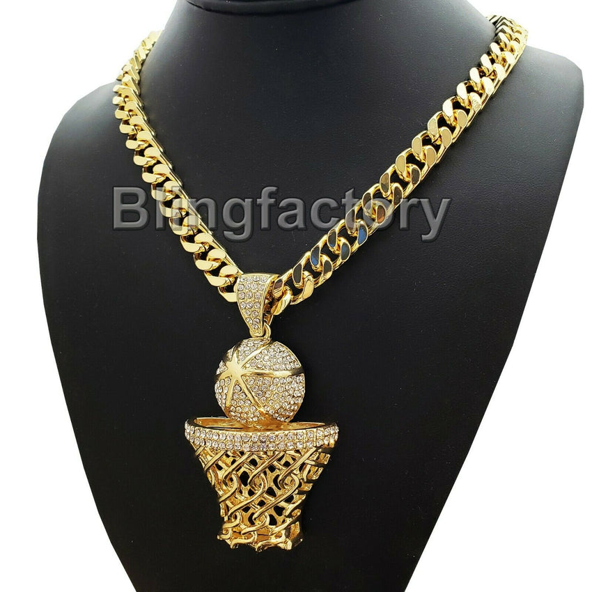 Large Gold Basketball Rim Pendant & 10mm 30" Cuban Heavy Chain Hip Hop Necklace