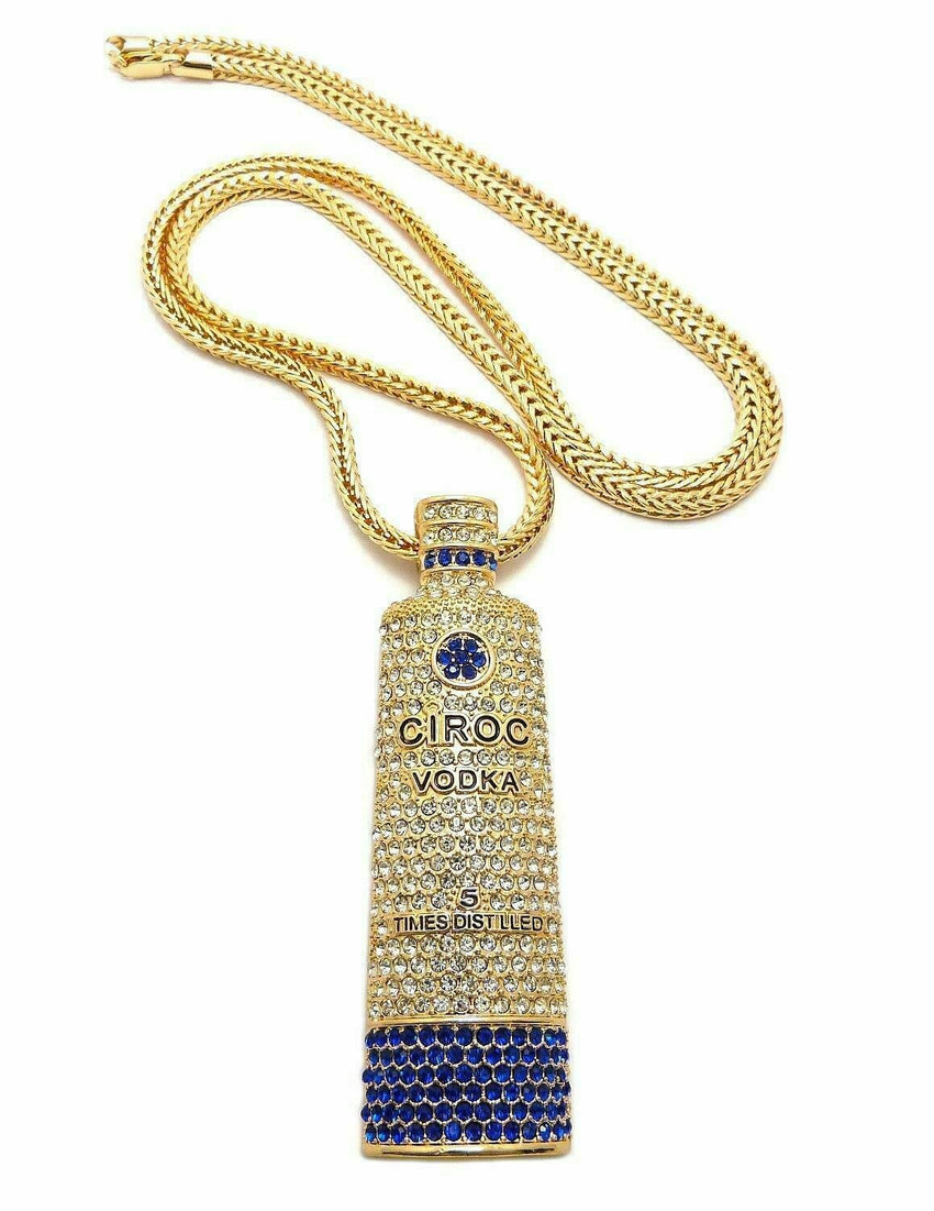 HIP HOP ICED OUT GOLD CIROC VODKA BOTTLE PENDANT & 4mm/36" FRANCO CHAIN NECKLACE