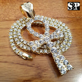 New Hip Hop Ankh Pendant & 18" Full Iced 1 ROW DIAMOND Tennis Choker Chain Set