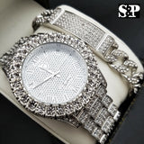 MEN'S ICED OUT HIP HOP WHITE GOLD PT LAB DIAMOND WATCH & BRACELET COMBO SET