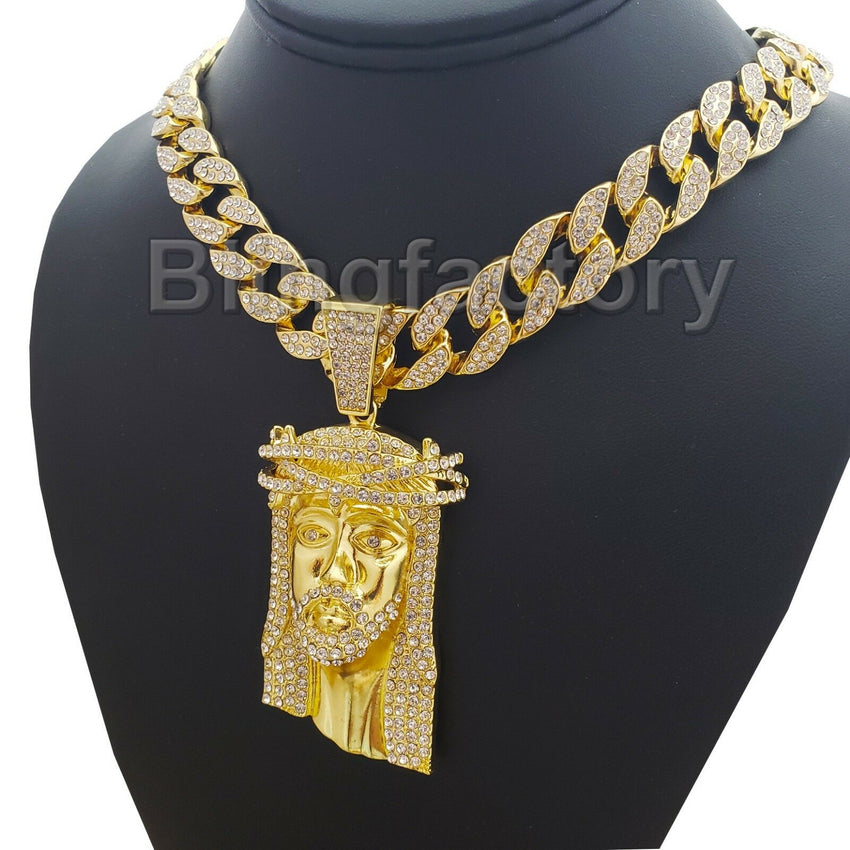 Hip Hop Bling Jesus Head w/ 18" Full Iced Cuban & 1 ROW DIAMOND Choker Chain Necklace Set