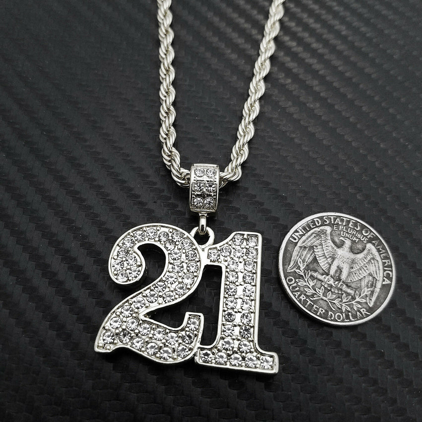 Hip Hop Iced Out Lab Diamond Savage 21 Pendant & 24" Rope Chain Necklace