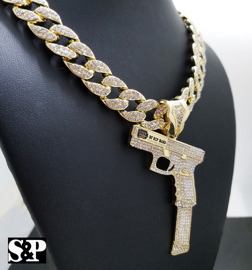 Hip Hop 37 Rip Mary Gun w/ 18" Full Iced Cuban & 1 ROW DIAMOND Choker Chain Necklace Set