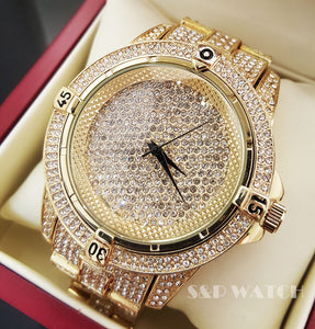 Mens Hip Hop Gold Plated Iced Out Techno Pave Bling Rapper's Metal Band Watch