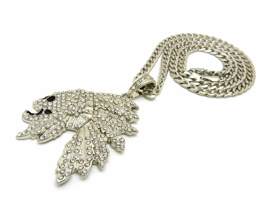 Iced Out Side Skull Cheif Face Pendant & 7mm 30" Cuban Chain Hip Hop Necklace