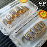 Gold Plated BRASS Hip Hop Iced Two Tone Teeth Grillz Fang Top & Bottom Set