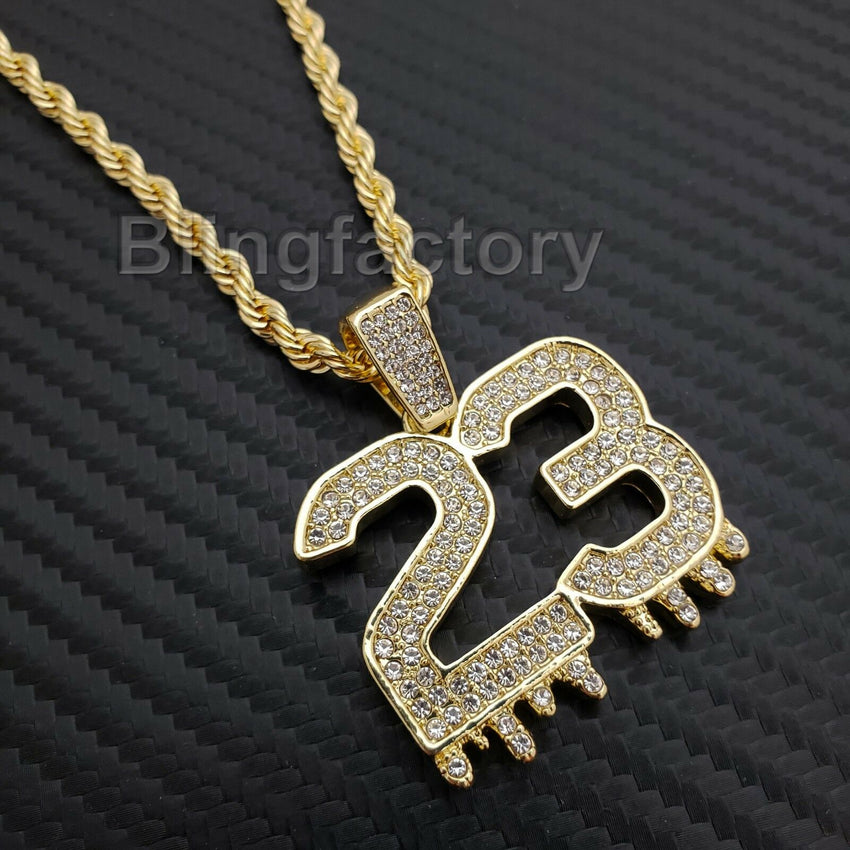 Hip Hop Iced out Lab Diamond Number 23 Drip Pendant, 4mm 24" Rope Chain Necklace