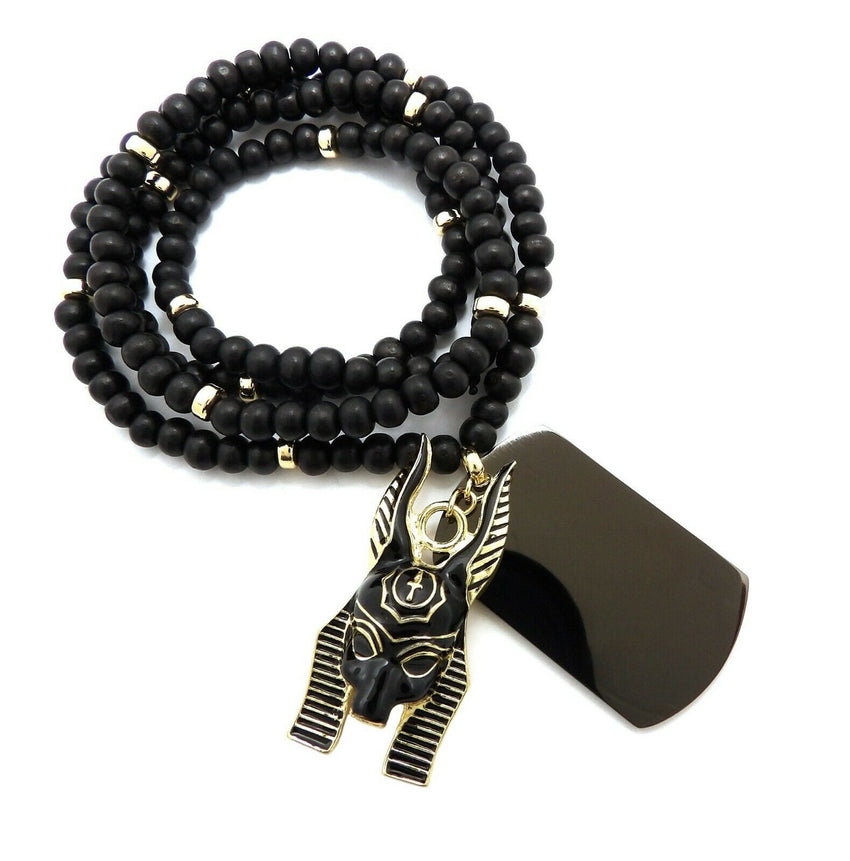 Hip Hop Egyptian Anubis & Dog Tag Pendant & 6mm 30" Wooden Bead Necklace