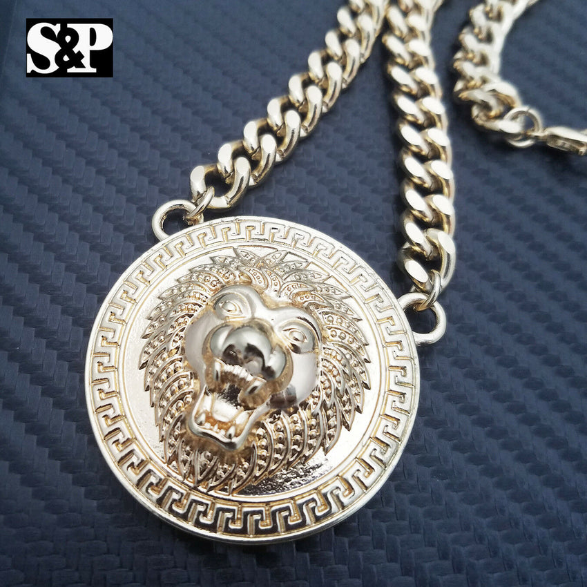 Hip Hop Gold Plated Lion Necklace & 18" Full Iced Cuban Choker Chain Necklace set
