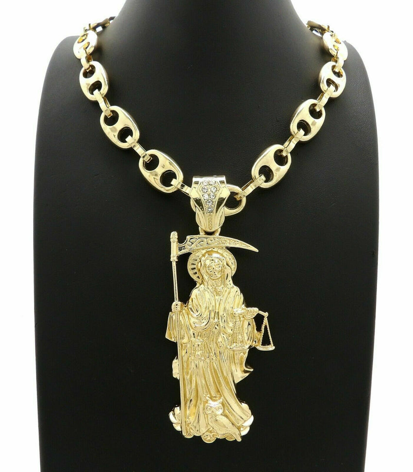 Hip Hop Iced Santa Muerte Pendant & 12mm 20" Marina Choker Chain Chain Necklace