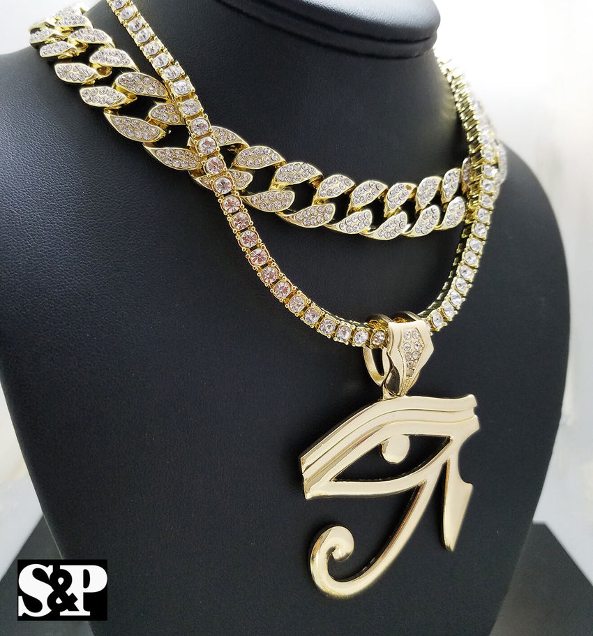 Hip Hop Eye of Horus w/ 18" Full Iced Cuban & 1 ROW DIAMOND Choker Chain Necklace Set