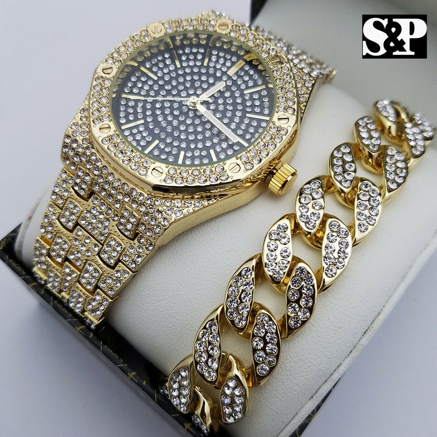 MEN S HIP HOP QUAVO FULL ICED OUT LAB DIAMOND WATCH CUBAN BRACELET C
