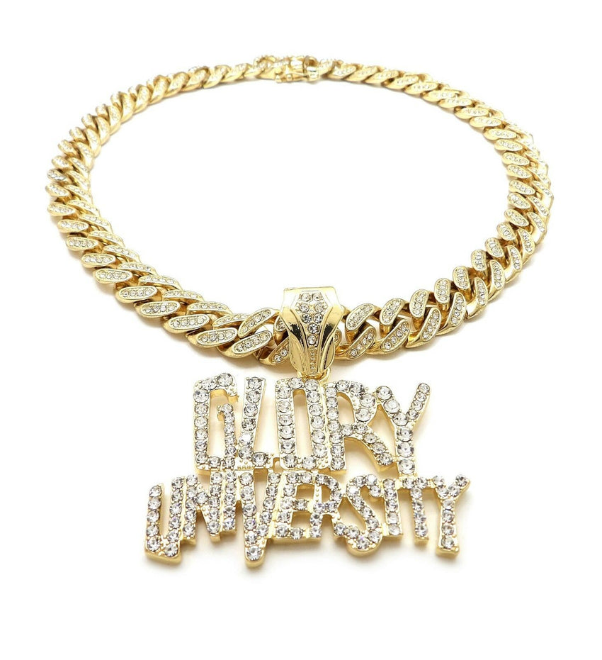 Hip Hop GLORY UNIVERSITY & 18" Iced Box Lock Cuban Choker Chain Necklace