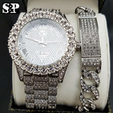 MEN'S ICED OUT HIP HOP WHITE GOLD PT LAB DIAMOND WATCH & BRACELET COMBO SET