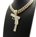 Hip Hop 37 RIP MARY Gun Pendant & 12mm 18" Full Iced Out Cuban Chain Necklace