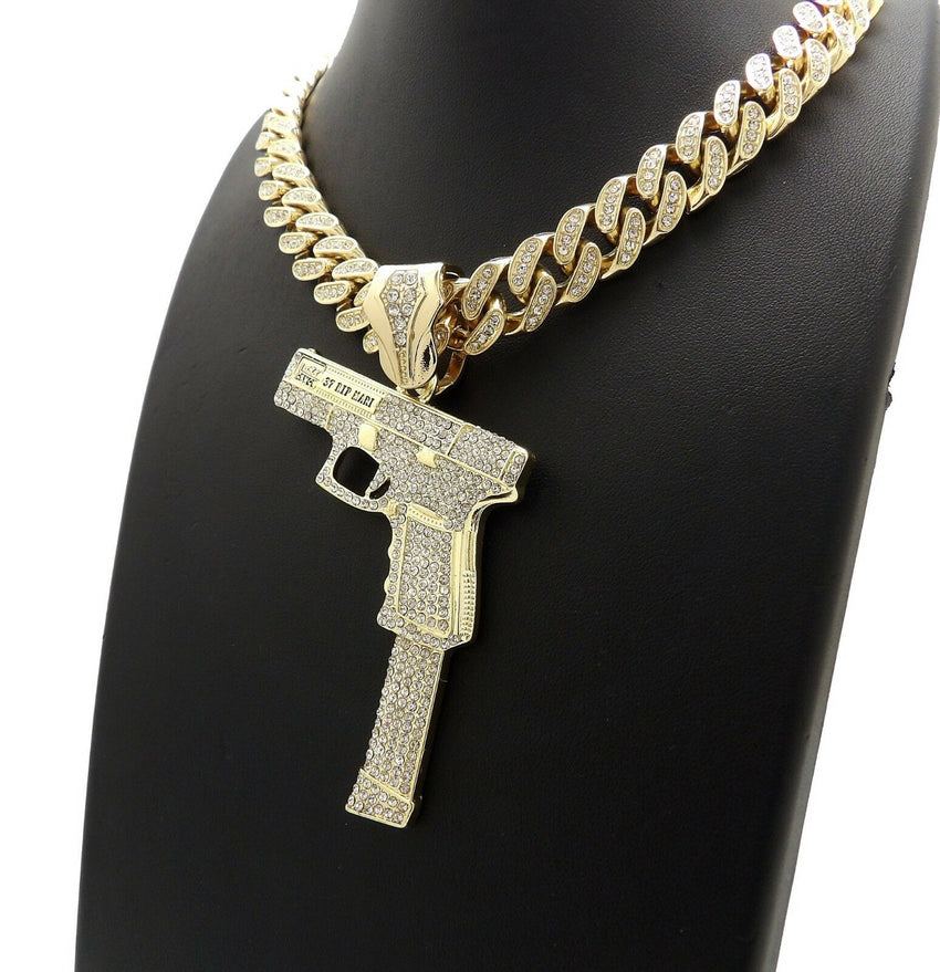 Hip Hop 37 RIP MARY Gun Pendant & 12mm 18" Full Iced Out Cuban Chain Necklace