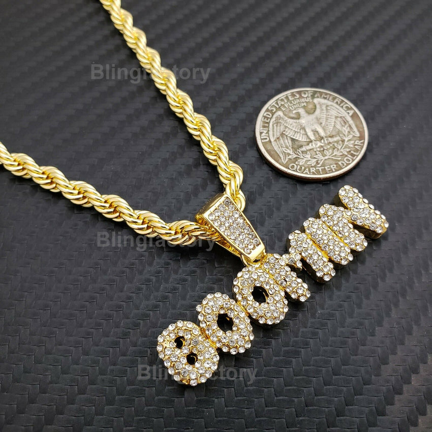 Hip Hop Iced out Bubbled Letter BOOMIN Pendant & 5mm 24" Rope Chain Necklace