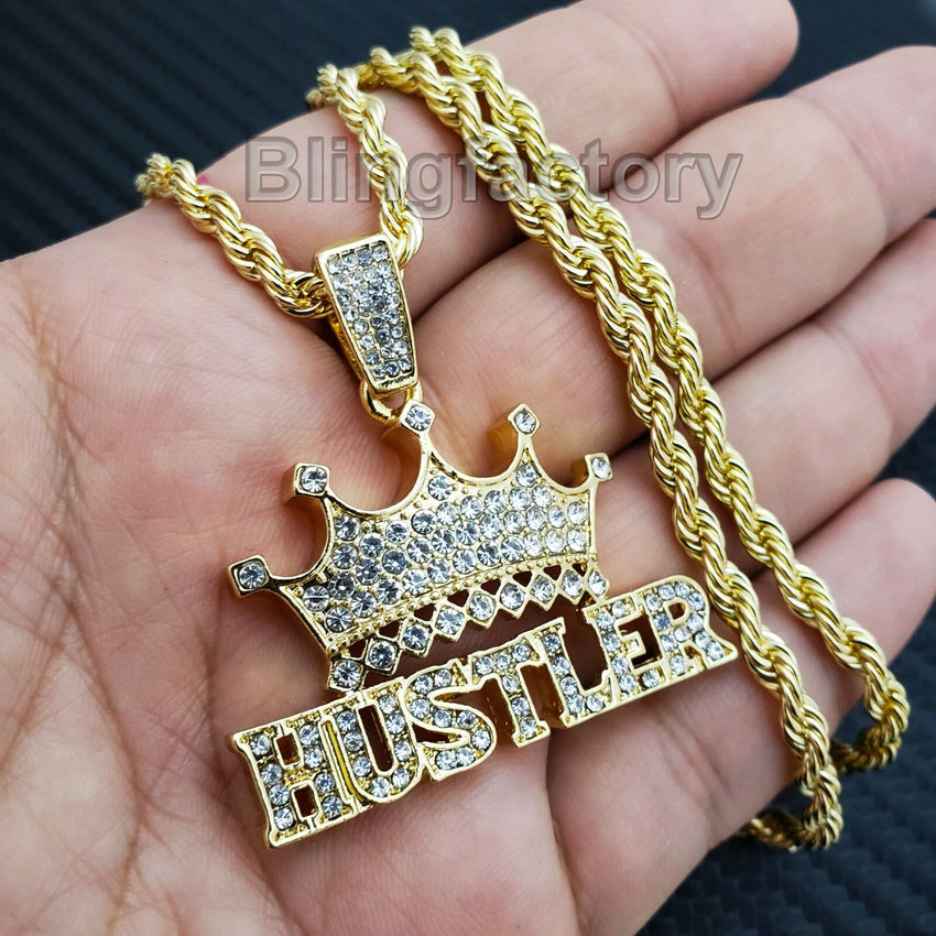 Hip Hop Iced out Lab Diamond Crowned HUSTLER Pendant & 24" Rope Chain Necklace