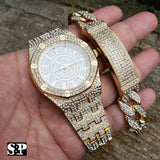 MEN'S HIP HOP GOLD PT MIGOS LAB DIAMOND WATCH & FULL ICED BRACELET COMBO SET