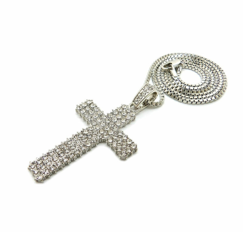 Hip Hop Full Iced Shiny Cross Pendant & 24" Box, Cuban, Rope Chain Necklace