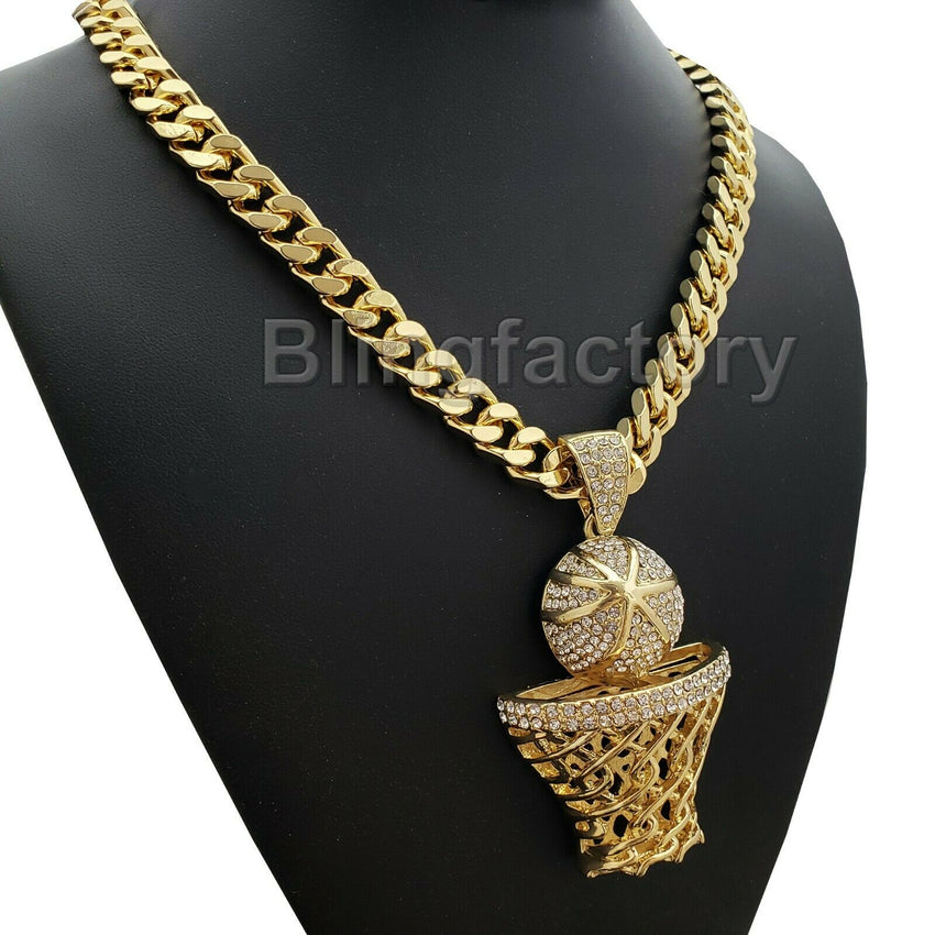 Large Gold Basketball Rim Pendant & 10mm 30" Cuban Heavy Chain Hip Hop Necklace