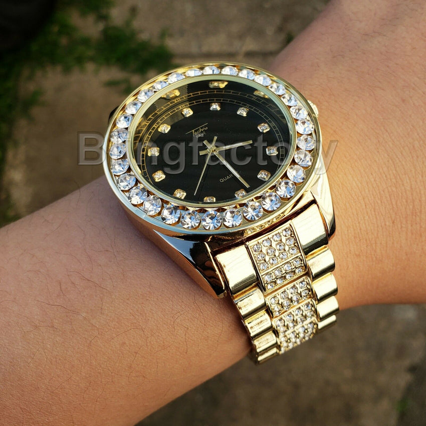 Men Hip Hop Iced out Black Dial Gold PT Migos Bling BIG Simulated Diam