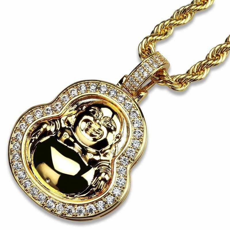 Unisex Fashion Iced out Happy Buddha Pendant w/ 4mm 24" Rope Chain Necklace
