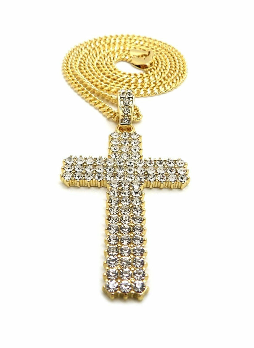 Hip Hop Full Iced Shiny Cross Pendant & 24" Box, Cuban, Rope Chain Necklace