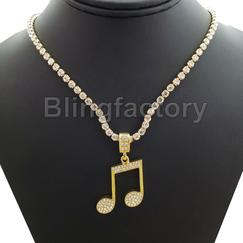 Hip Hop Iced Music Note Pendant & 1 Row Diamond Tennis Choker Chain Necklace